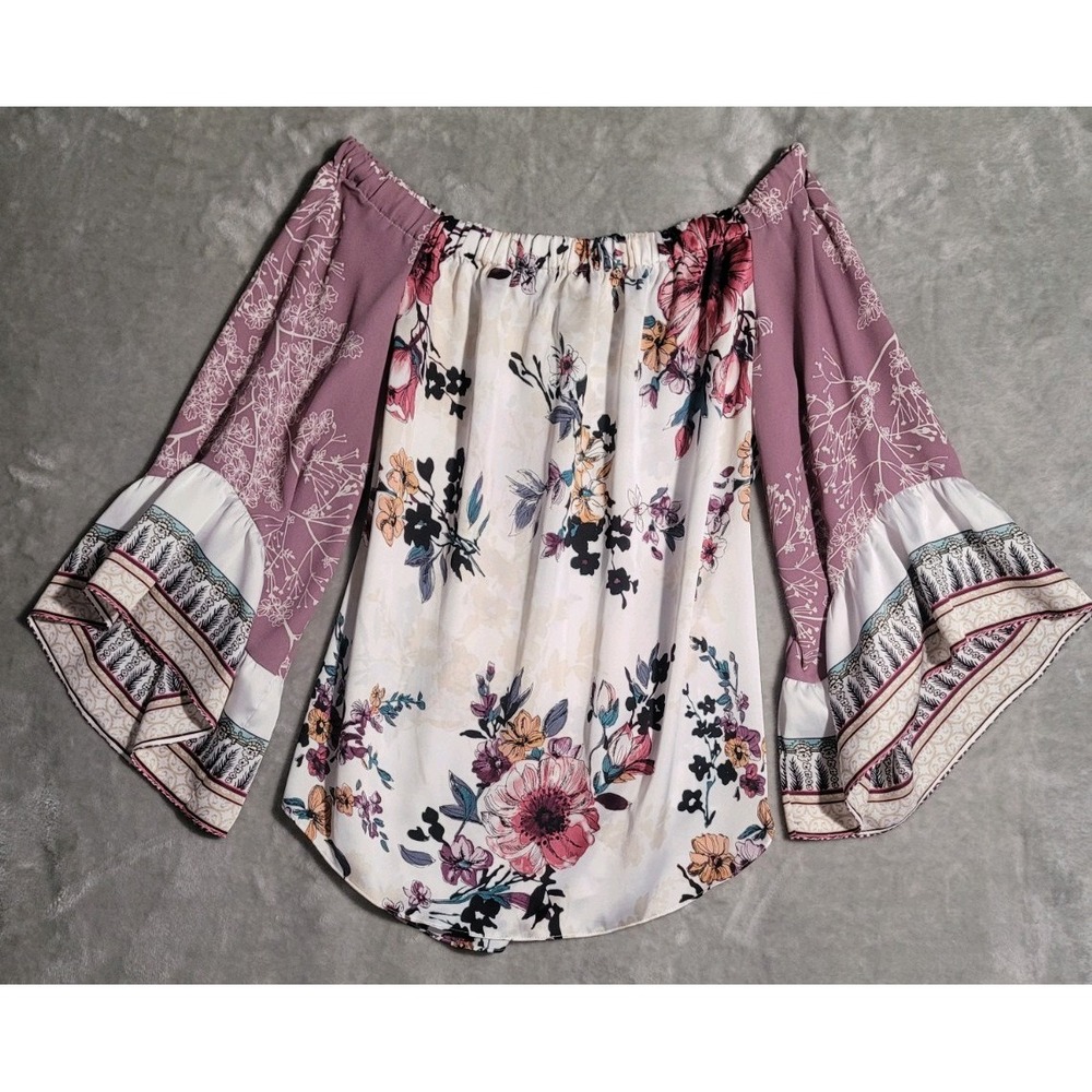 White House Black Market Satin Floral Off The Shoulder Blouse Size M Feminine - Picture 3 of 10